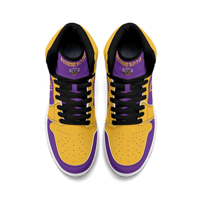 Minnesota football-inspired Jamrock High top sneaker in purple and gold with a Minneapolis skyline football badge and THE CITIES heel band