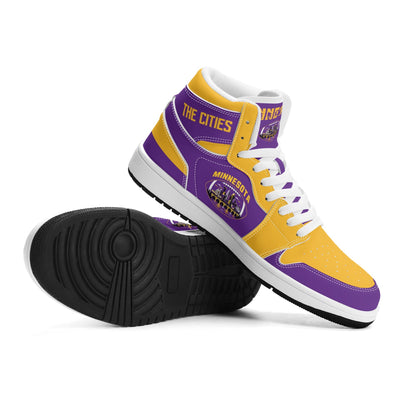 Minnesota football-inspired Jamrock High top sneaker in purple and gold with a Minneapolis skyline football badge and THE CITIES heel band