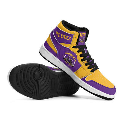 Minnesota football-inspired Jamrock High top sneaker in purple and gold with a Minneapolis skyline football badge and THE CITIES heel band