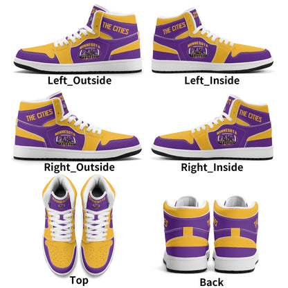 Minnesota football-inspired Jamrock High top sneaker in purple and gold with a Minneapolis skyline football badge and THE CITIES heel band