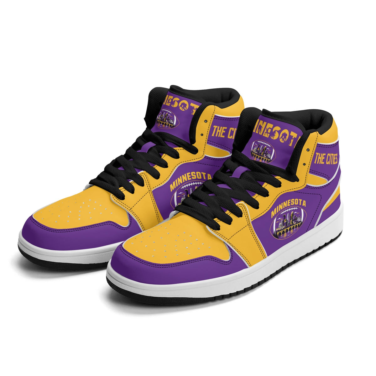 Minnesota football-inspired Jamrock High top sneaker in purple and gold with a Minneapolis skyline football badge and THE CITIES heel band