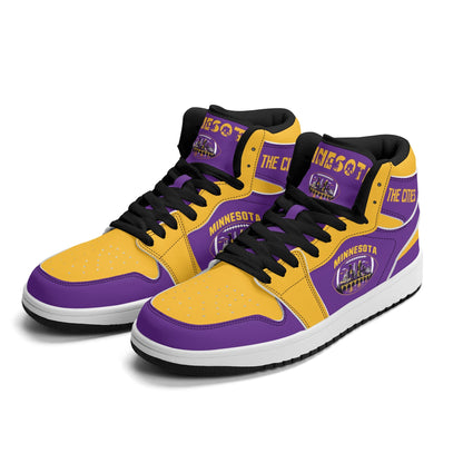 Minnesota football-inspired Jamrock High top sneaker in purple and gold with a Minneapolis skyline football badge and THE CITIES heel band