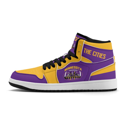 Minnesota football-inspired Jamrock High top sneaker in purple and gold with a Minneapolis skyline football badge and THE CITIES heel band