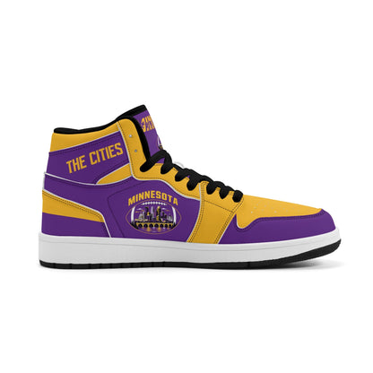 Minnesota football-inspired Jamrock High top sneaker in purple and gold with a Minneapolis skyline football badge and THE CITIES heel band