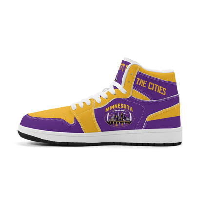 Minnesota football-inspired Jamrock High top sneaker in purple and gold with a Minneapolis skyline football badge and THE CITIES heel band