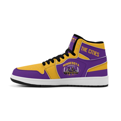 Minnesota football-inspired Jamrock High top sneaker in purple and gold with a Minneapolis skyline football badge and THE CITIES heel band