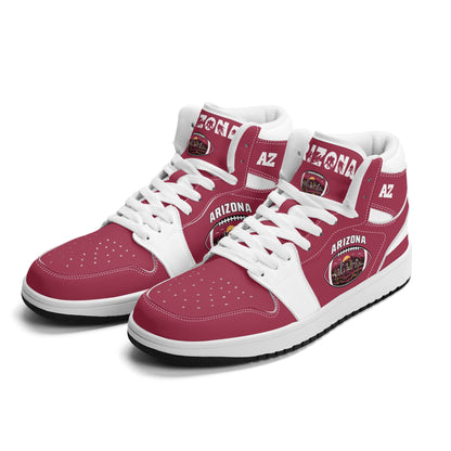 Arizona football-inspired Jamrock High top sneaker in cardinal red with a Phoenix skyline football badge and white mid panel