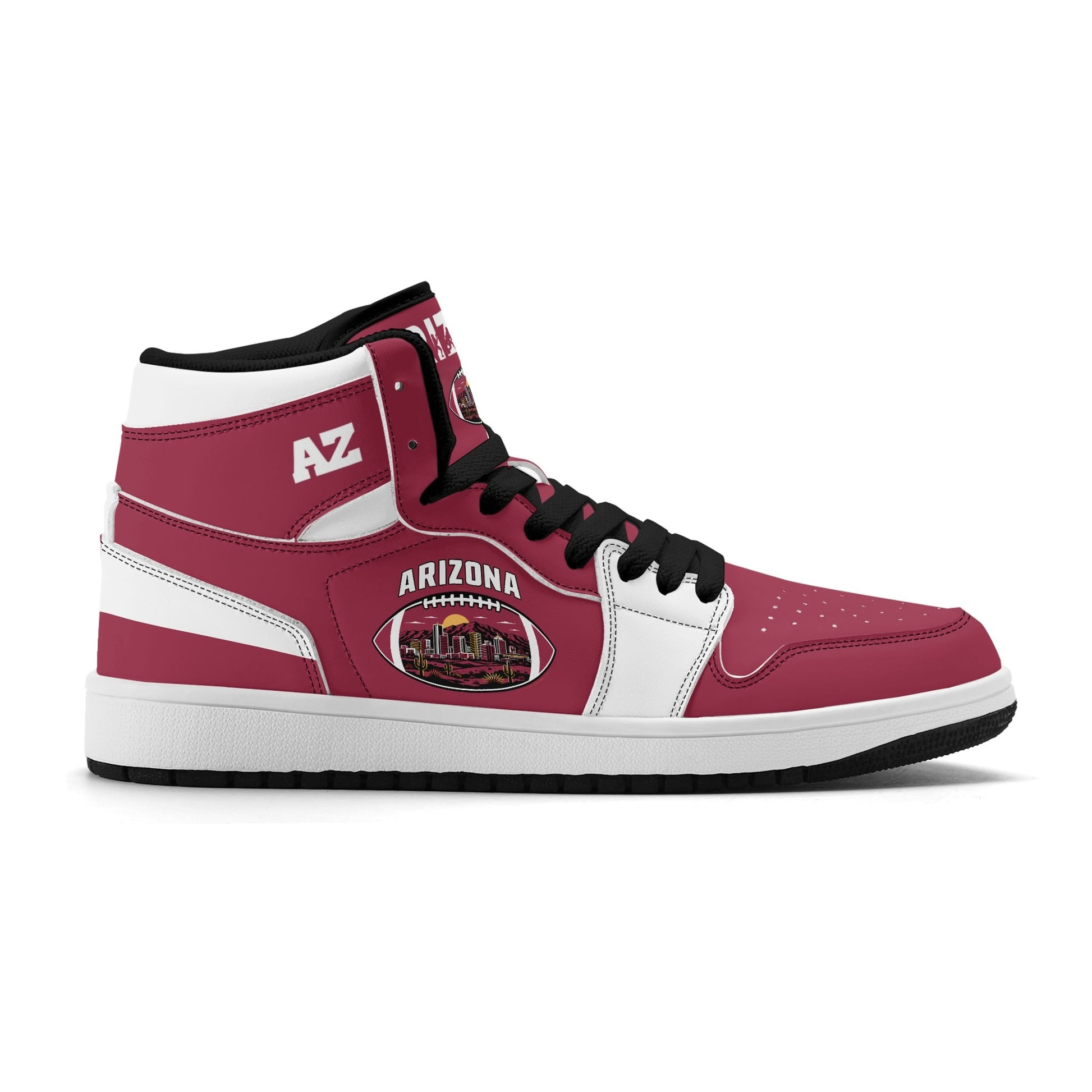 Arizona football-inspired Jamrock High top sneaker in cardinal red with a Phoenix skyline football badge and white mid panel
