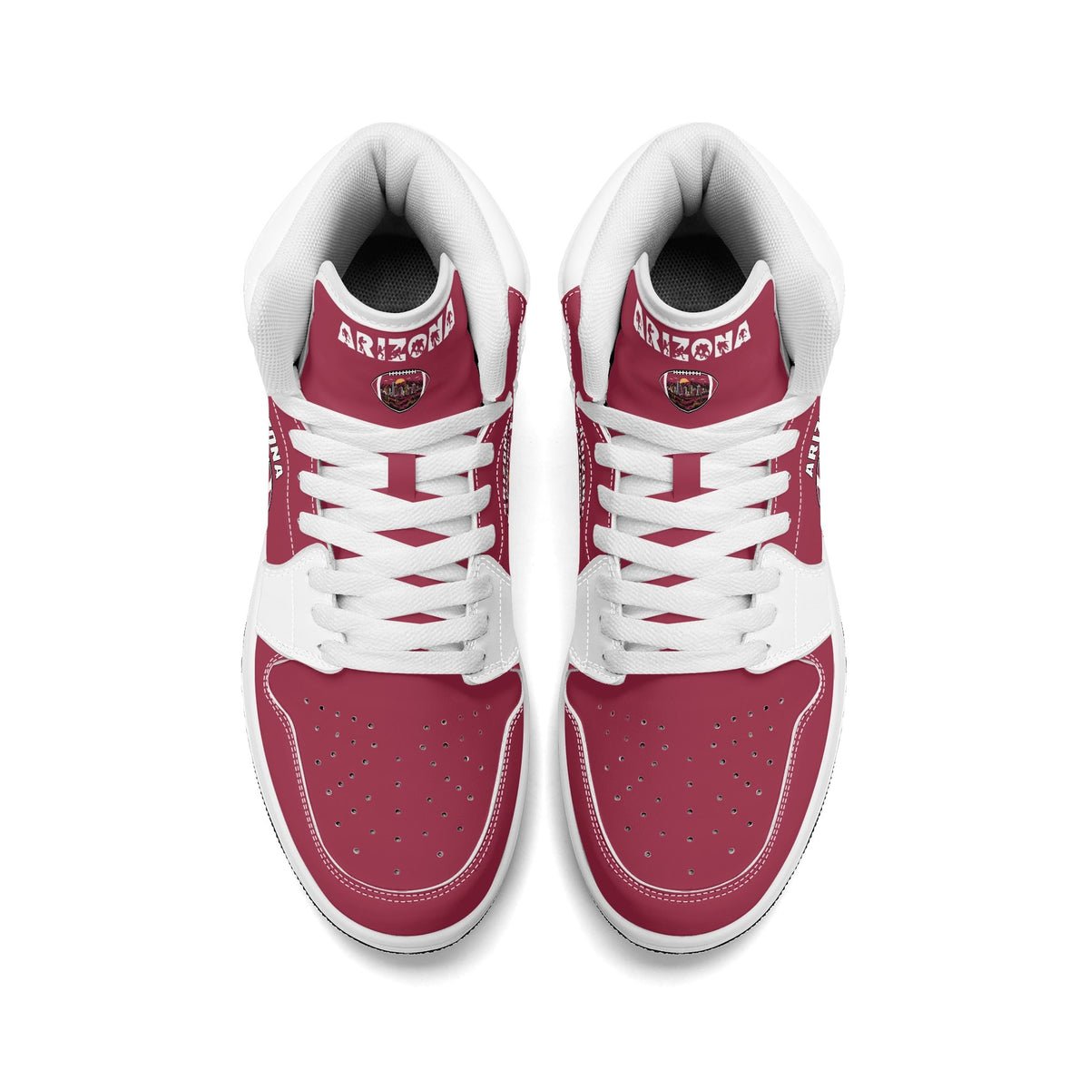 Arizona football-inspired Jamrock High top sneaker in cardinal red with a Phoenix skyline football badge and white mid panel