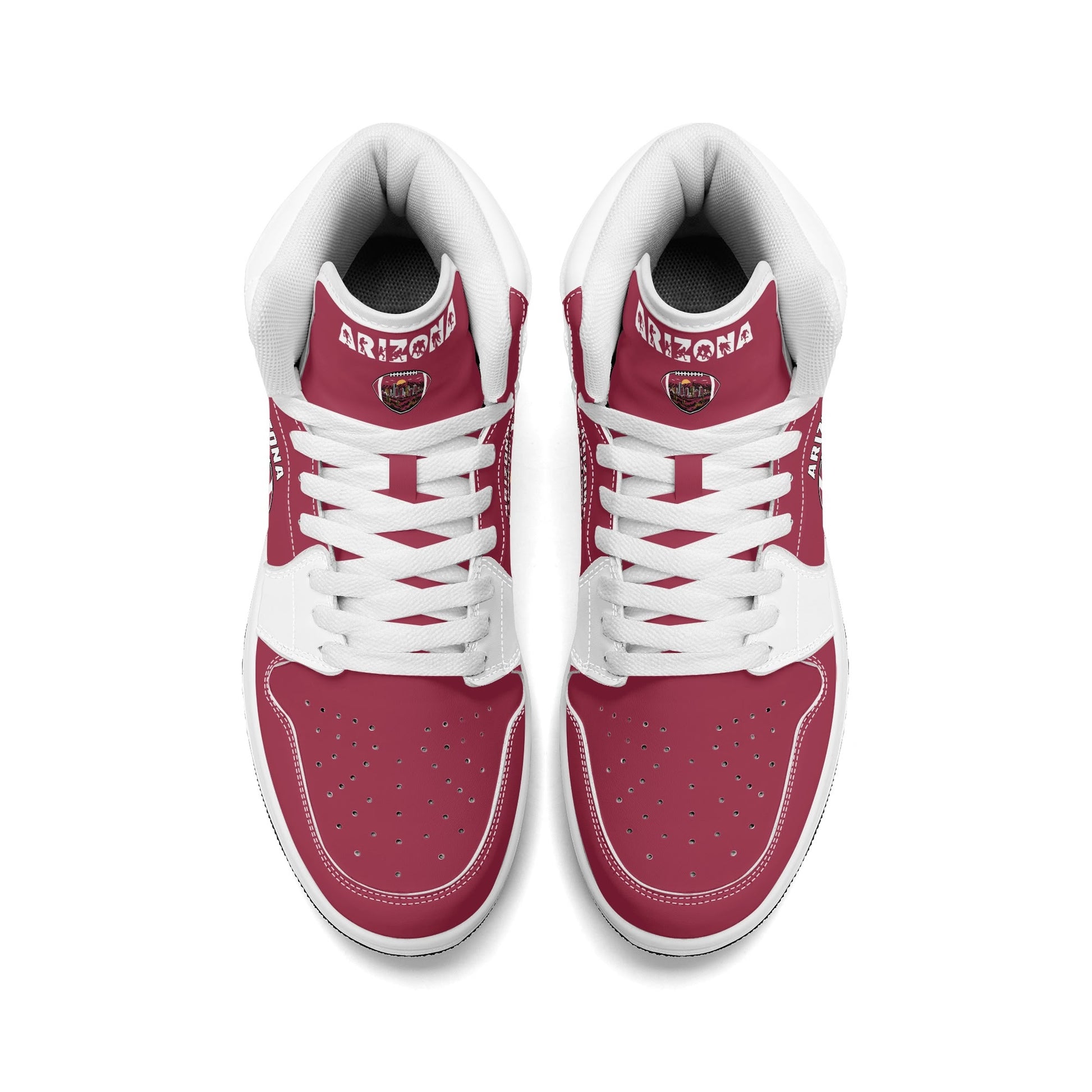 Arizona football-inspired Jamrock High top sneaker in cardinal red with a Phoenix skyline football badge and white mid panel