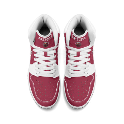 Arizona football-inspired Jamrock High top sneaker in cardinal red with a Phoenix skyline football badge and white mid panel