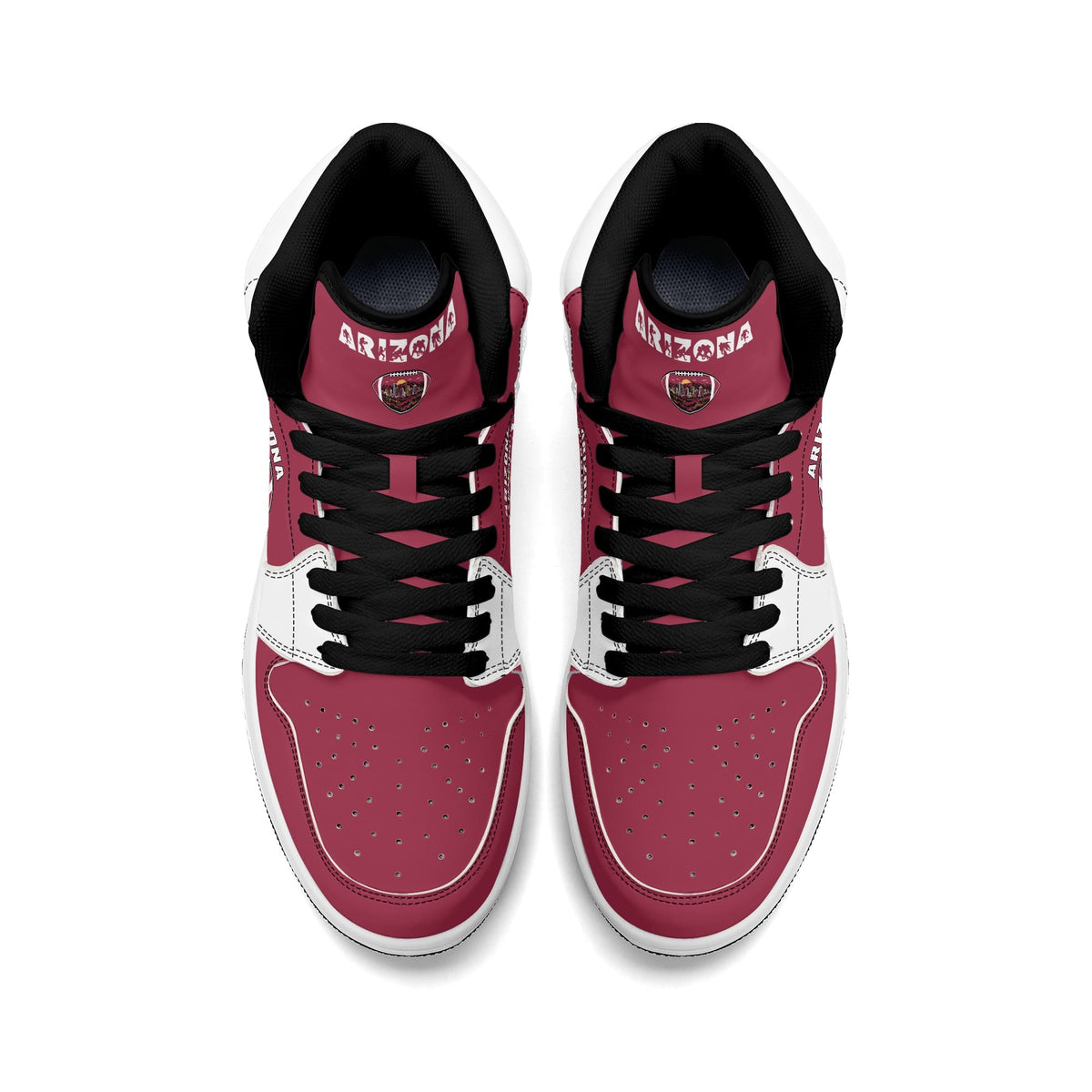 Arizona football-inspired Jamrock High top sneaker in cardinal red with a Phoenix skyline football badge and white mid panel