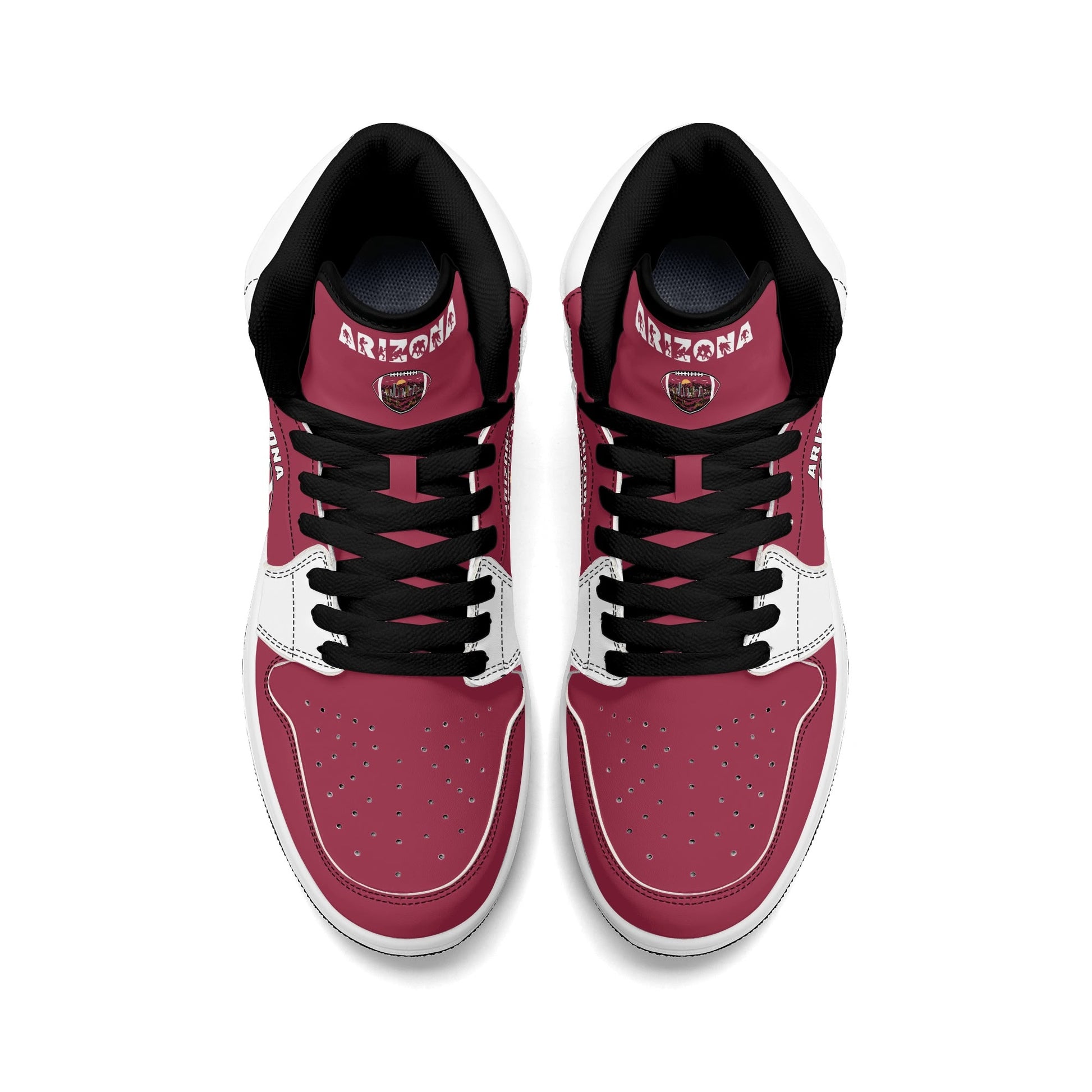 Arizona football-inspired Jamrock High top sneaker in cardinal red with a Phoenix skyline football badge and white mid panel