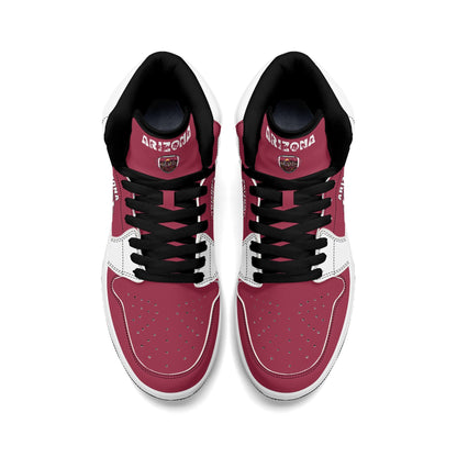 Arizona football-inspired Jamrock High top sneaker in cardinal red with a Phoenix skyline football badge and white mid panel