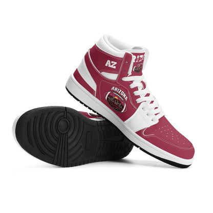 Arizona football-inspired Jamrock High top sneaker in cardinal red with a Phoenix skyline football badge and white mid panel