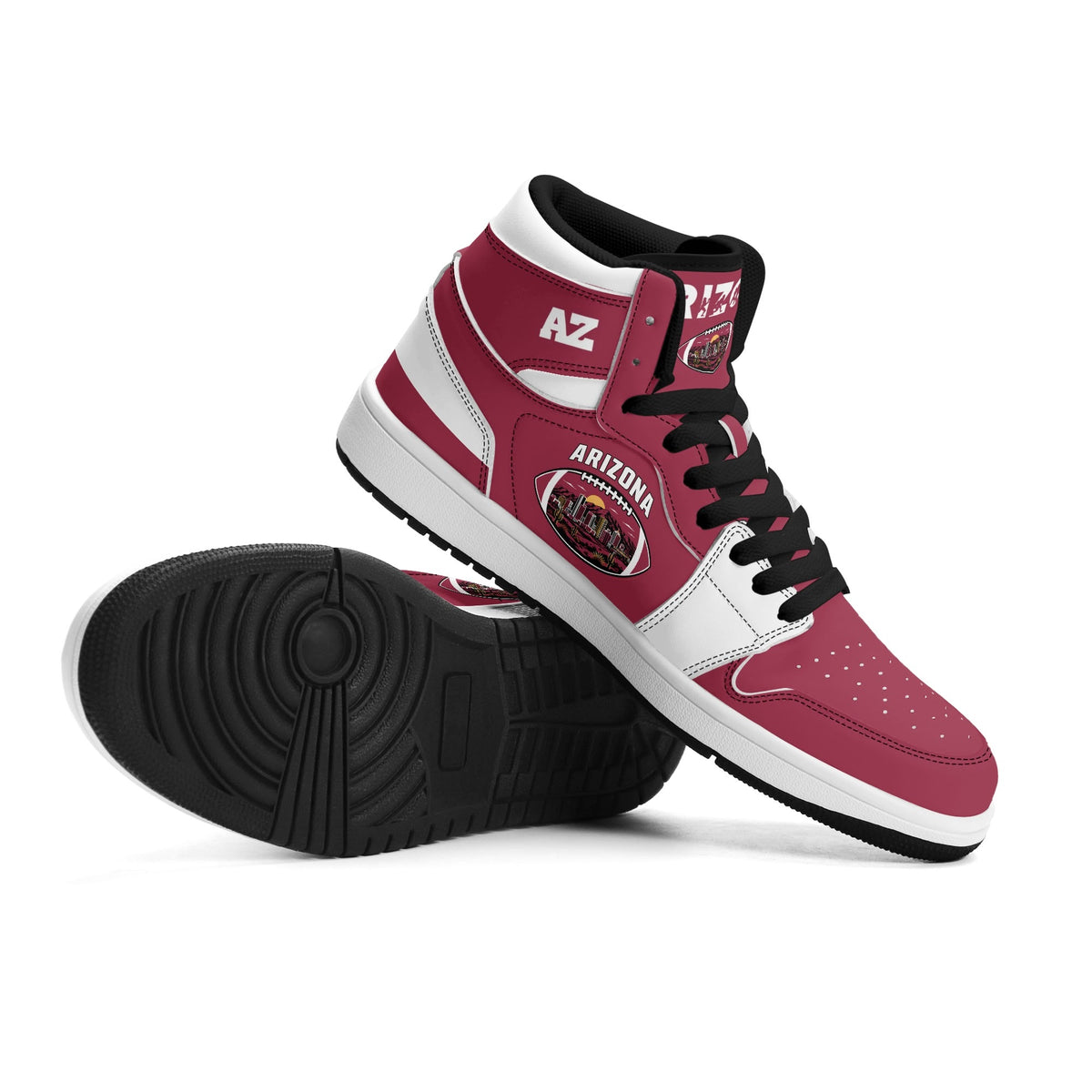 Arizona football-inspired Jamrock High top sneaker in cardinal red with a Phoenix skyline football badge and white mid panel