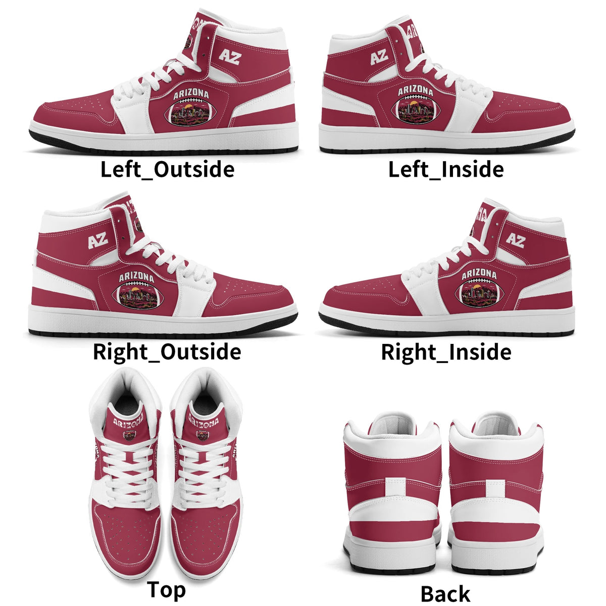 Arizona football-inspired Jamrock High top sneaker in cardinal red with a Phoenix skyline football badge and white mid panel