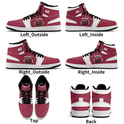 Arizona football-inspired Jamrock High top sneaker in cardinal red with a Phoenix skyline football badge and white mid panel