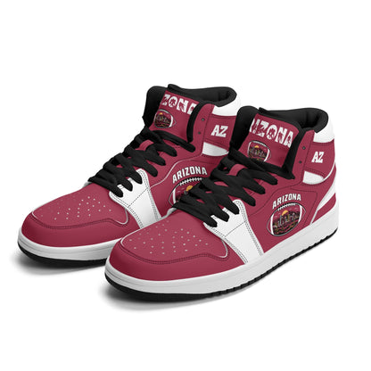 Arizona football-inspired Jamrock High top sneaker in cardinal red with a Phoenix skyline football badge and white mid panel