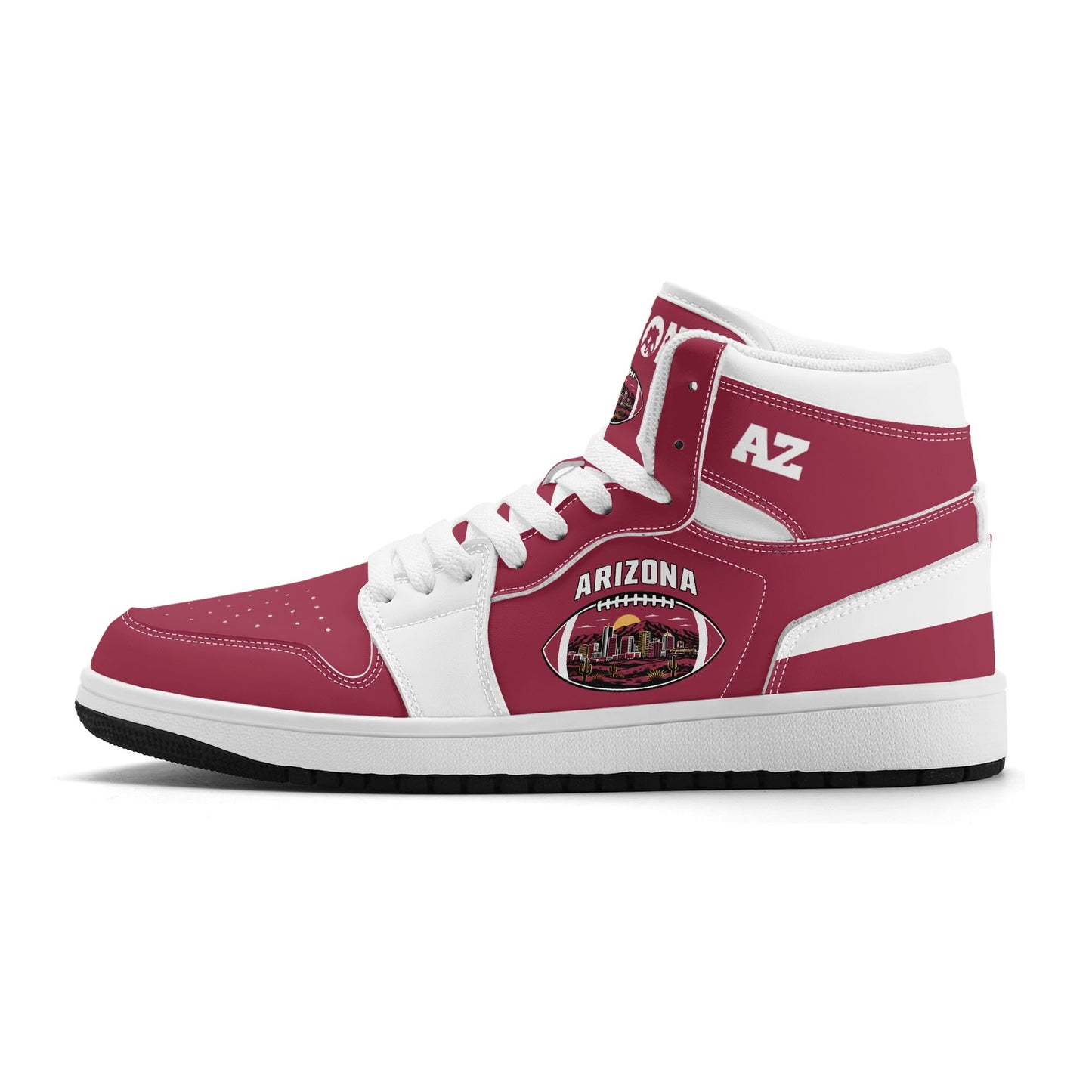 Arizona football-inspired Jamrock High top sneaker in cardinal red with a Phoenix skyline football badge and white mid panel