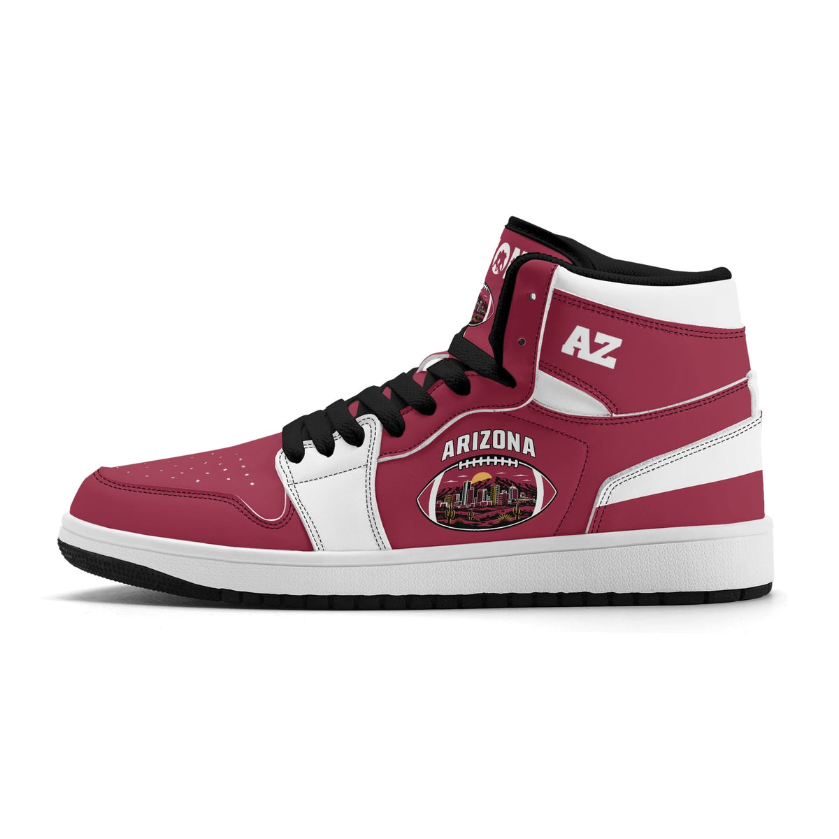 Arizona football-inspired Jamrock High top sneaker in cardinal red with a Phoenix skyline football badge and white mid panel