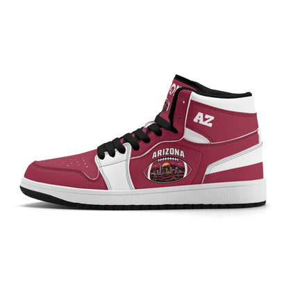Arizona football-inspired Jamrock High top sneaker in cardinal red with a Phoenix skyline football badge and white mid panel