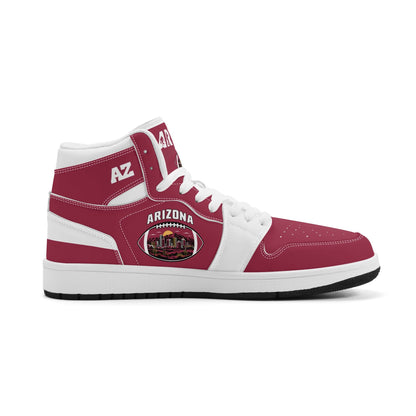 Arizona football-inspired Jamrock High top sneaker in cardinal red with a Phoenix skyline football badge and white mid panel