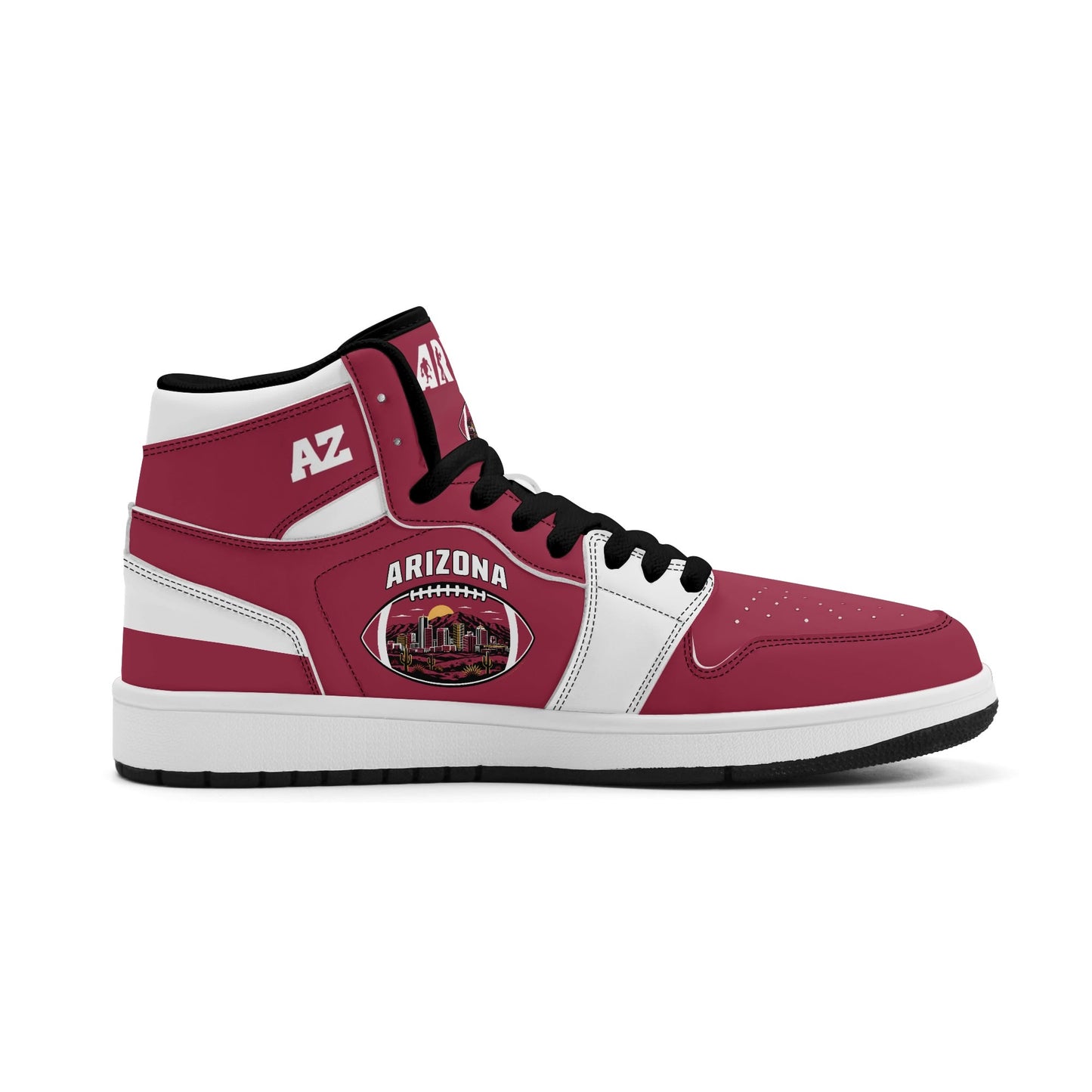 Arizona football-inspired Jamrock High top sneaker in cardinal red with a Phoenix skyline football badge and white mid panel