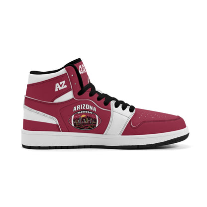Arizona football-inspired Jamrock High top sneaker in cardinal red with a Phoenix skyline football badge and white mid panel