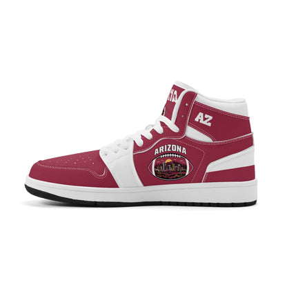 Arizona football-inspired Jamrock High top sneaker in cardinal red with a Phoenix skyline football badge and white mid panel