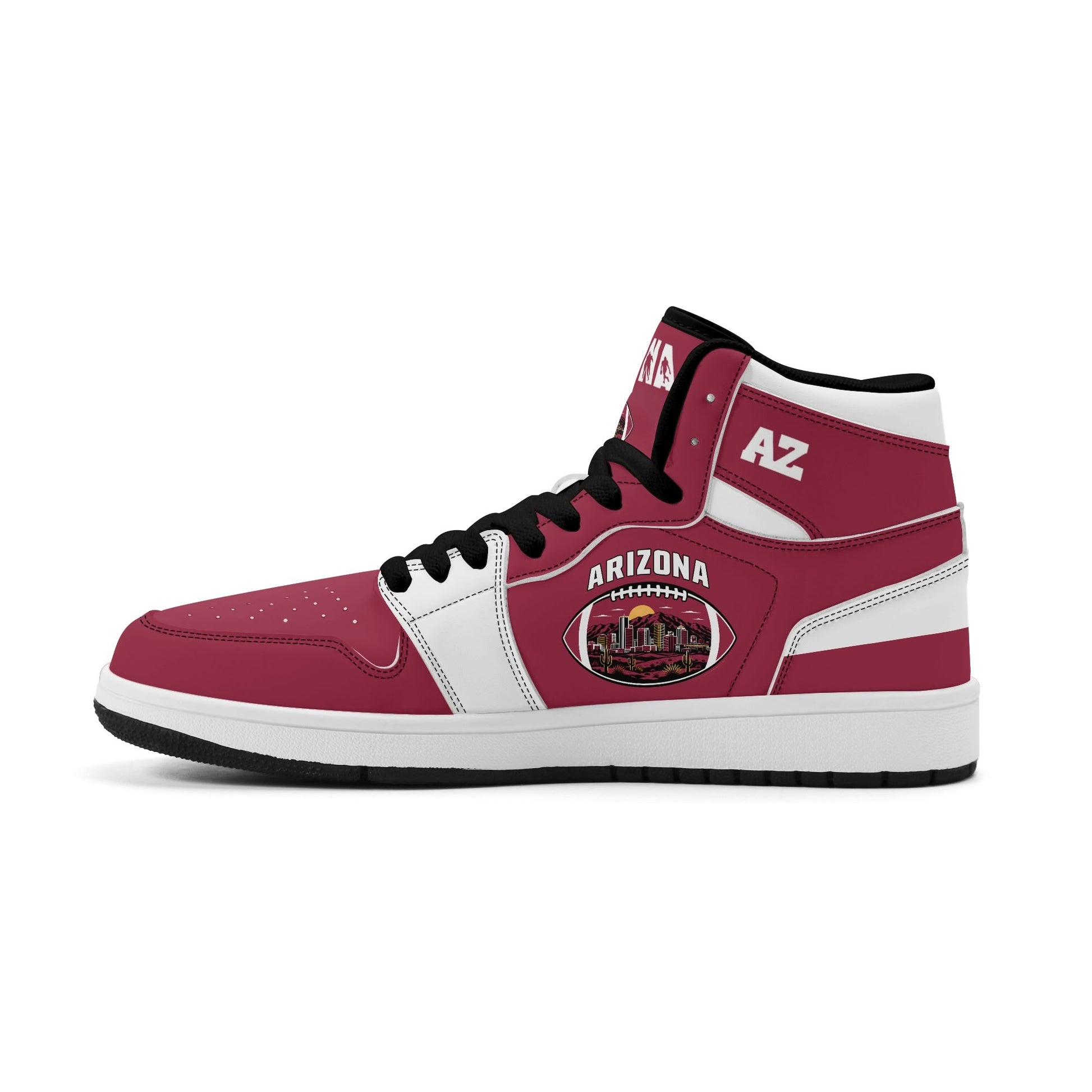Arizona football-inspired Jamrock High top sneaker in cardinal red with a Phoenix skyline football badge and white mid panel