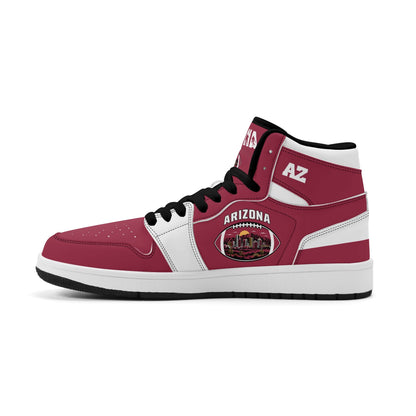 Arizona football-inspired Jamrock High top sneaker in cardinal red with a Phoenix skyline football badge and white mid panel