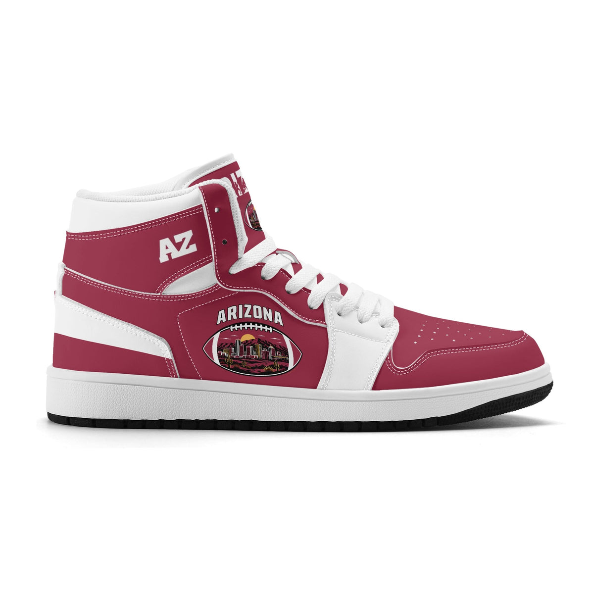 Arizona football-inspired Jamrock High top sneaker in cardinal red with a Phoenix skyline football badge and white mid panel