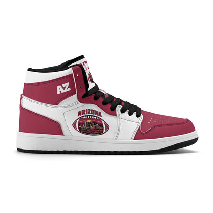 Arizona football-inspired Jamrock High top sneaker in white and cardinal red with a Phoenix skyline football badge and AZ ankle mark