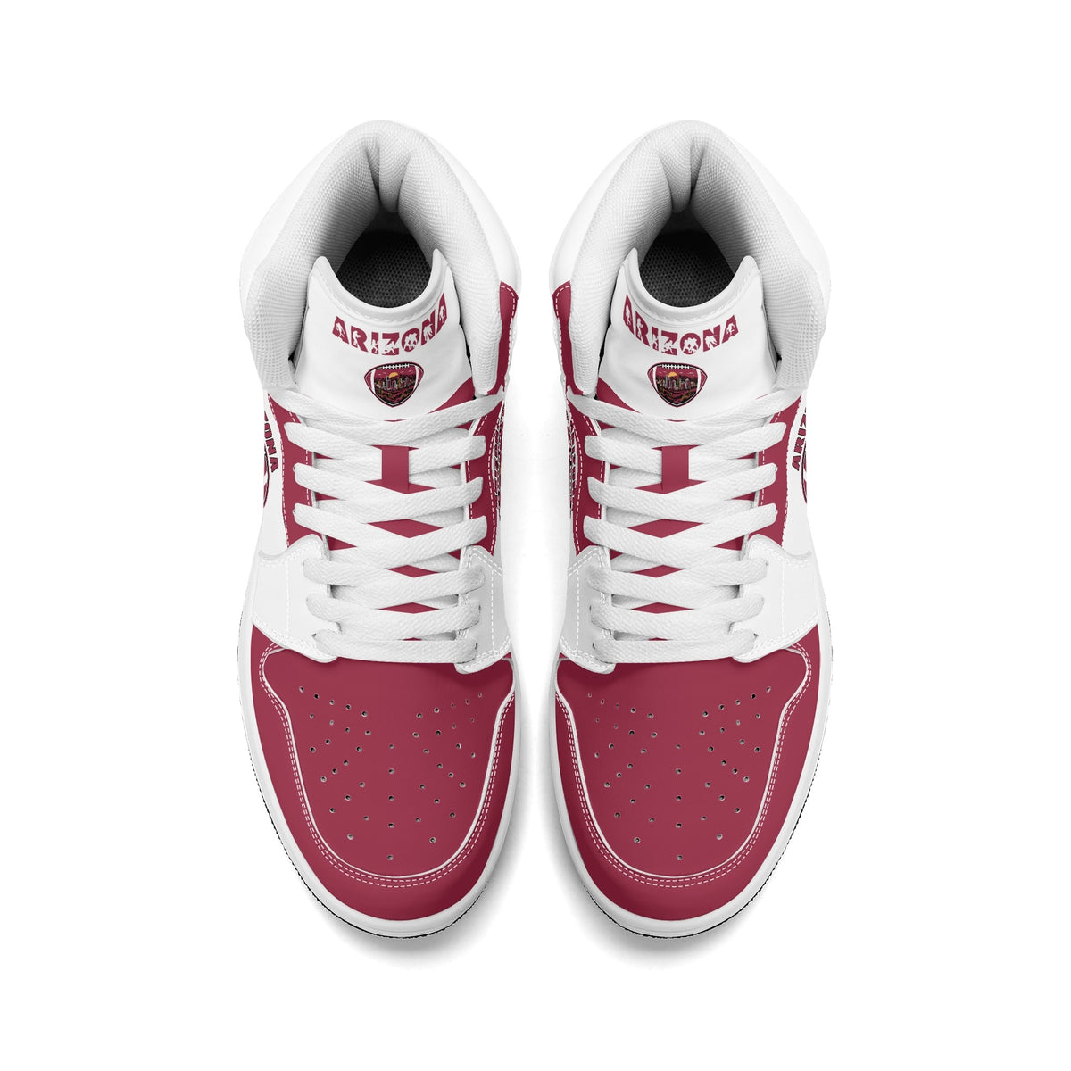 Arizona football-inspired Jamrock High top sneaker in white and cardinal red with a Phoenix skyline football badge and AZ ankle mark