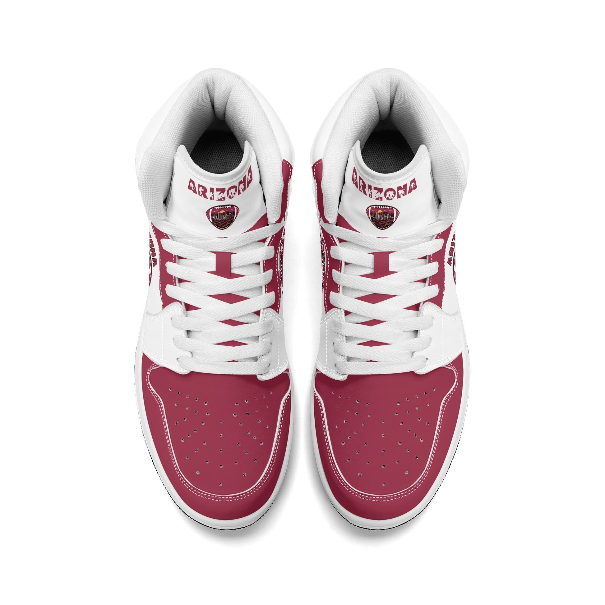 Arizona football-inspired Jamrock High top sneaker in white and cardinal red with a Phoenix skyline football badge and AZ ankle mark