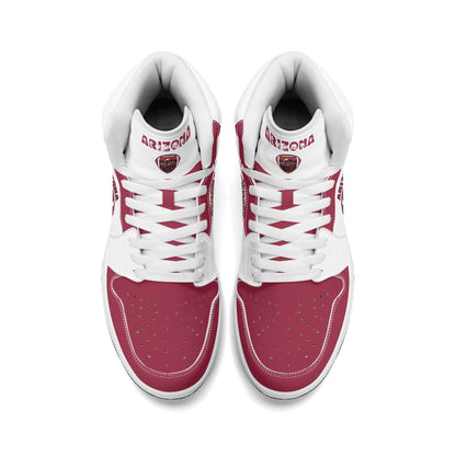 Arizona football-inspired Jamrock High top sneaker in white and cardinal red with a Phoenix skyline football badge and AZ ankle mark