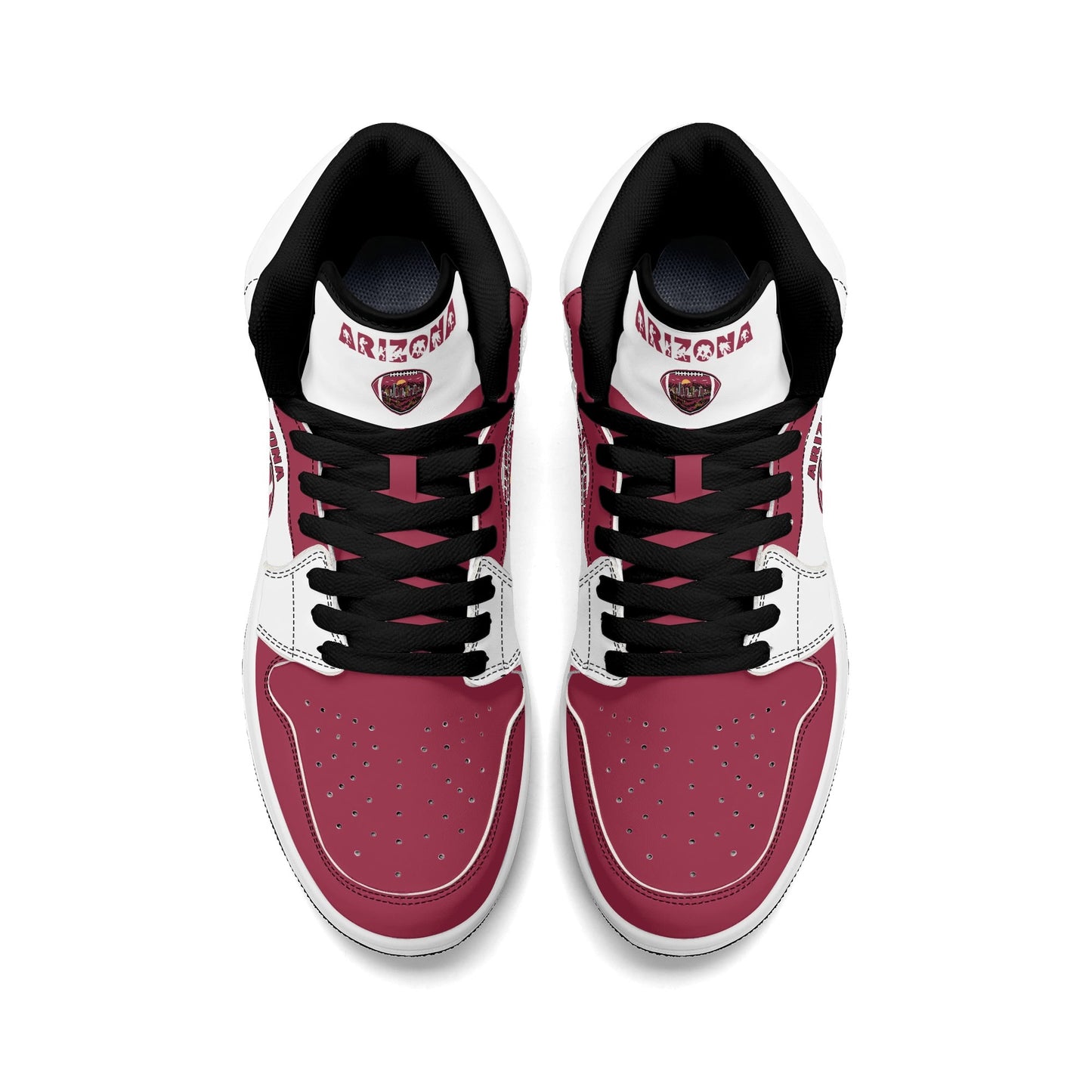 Arizona football-inspired Jamrock High top sneaker in white and cardinal red with a Phoenix skyline football badge and AZ ankle mark