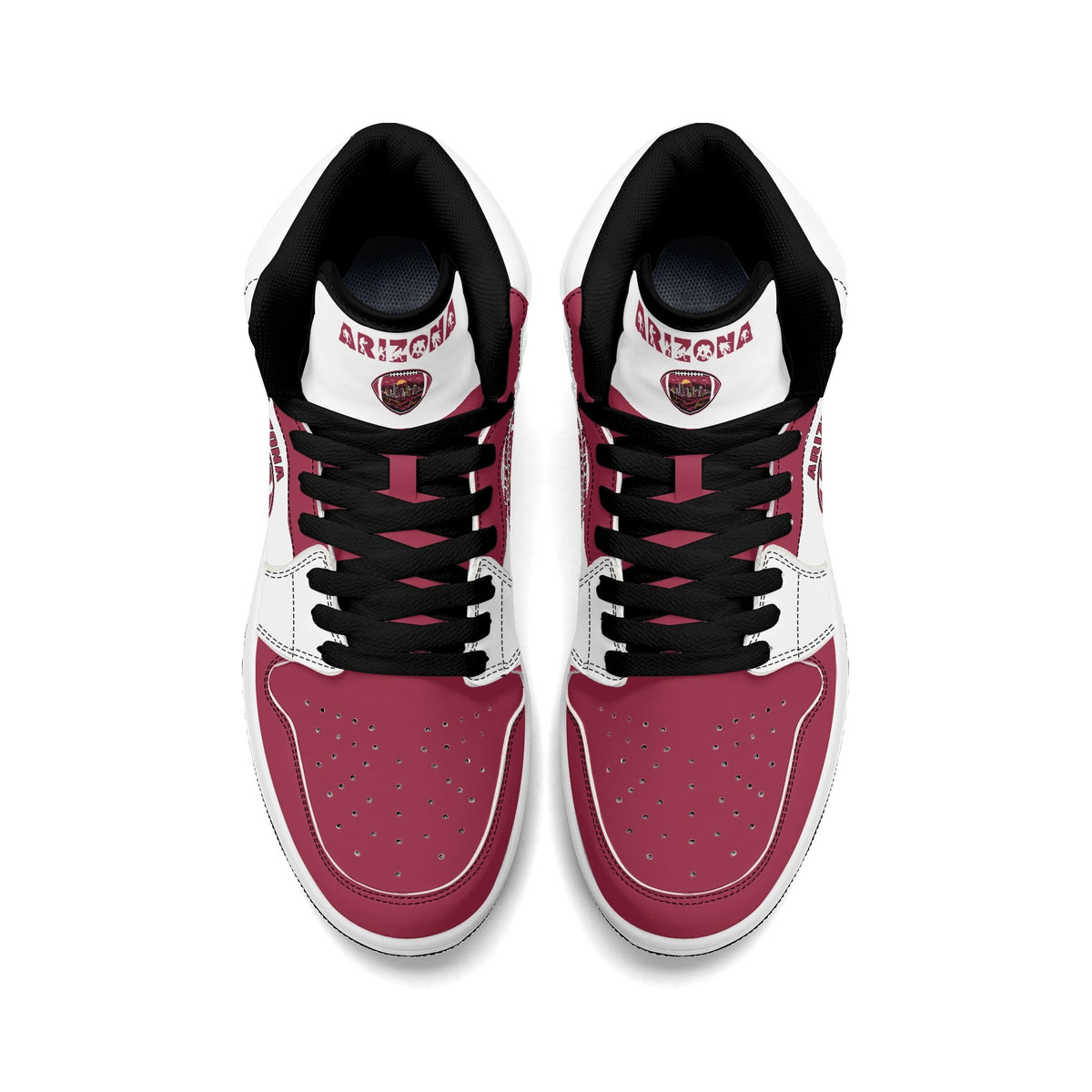 Arizona football-inspired Jamrock High top sneaker in white and cardinal red with a Phoenix skyline football badge and AZ ankle mark