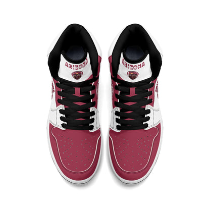 Arizona football-inspired Jamrock High top sneaker in white and cardinal red with a Phoenix skyline football badge and AZ ankle mark