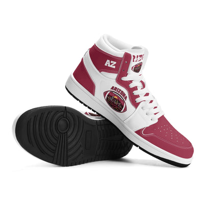 Arizona football-inspired Jamrock High top sneaker in white and cardinal red with a Phoenix skyline football badge and AZ ankle mark
