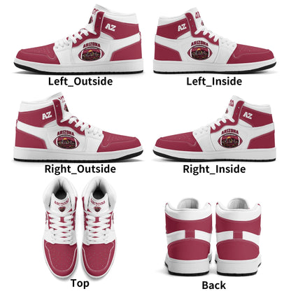 Arizona football-inspired Jamrock High top sneaker in white and cardinal red with a Phoenix skyline football badge and AZ ankle mark