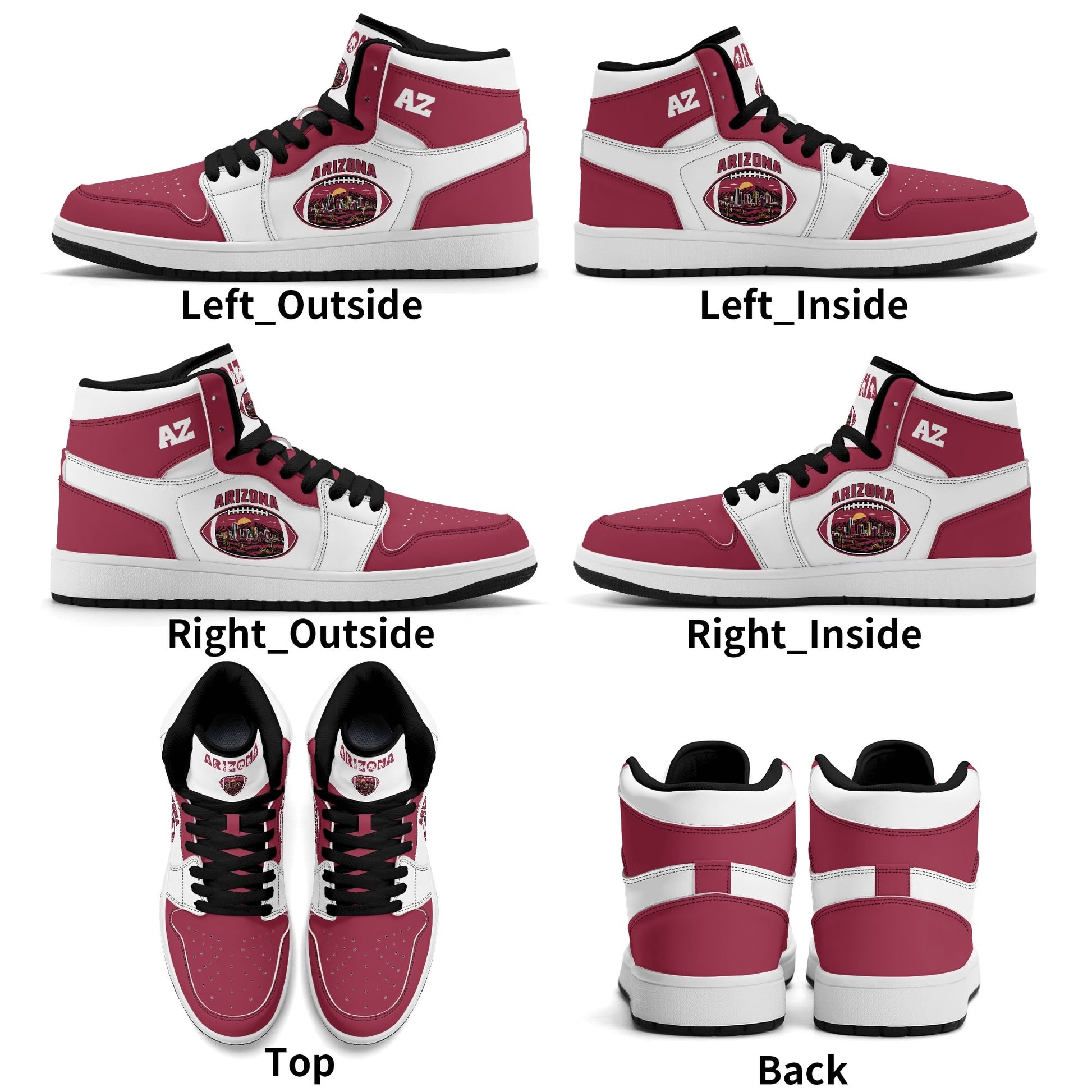 Arizona football-inspired Jamrock High top sneaker in white and cardinal red with a Phoenix skyline football badge and AZ ankle mark