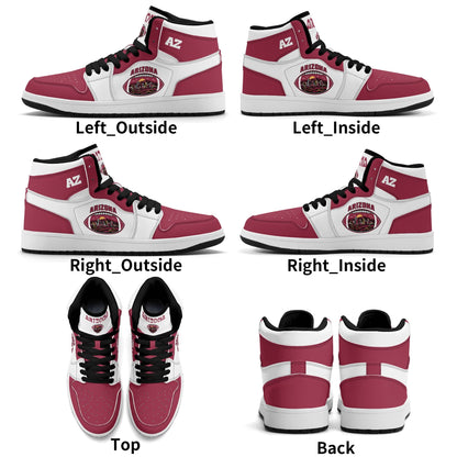 Arizona football-inspired Jamrock High top sneaker in white and cardinal red with a Phoenix skyline football badge and AZ ankle mark