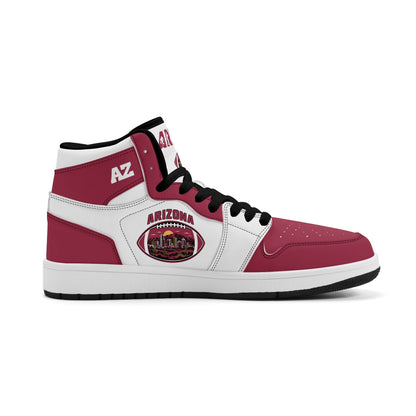 Arizona football-inspired Jamrock High top sneaker in white and cardinal red with a Phoenix skyline football badge and AZ ankle mark