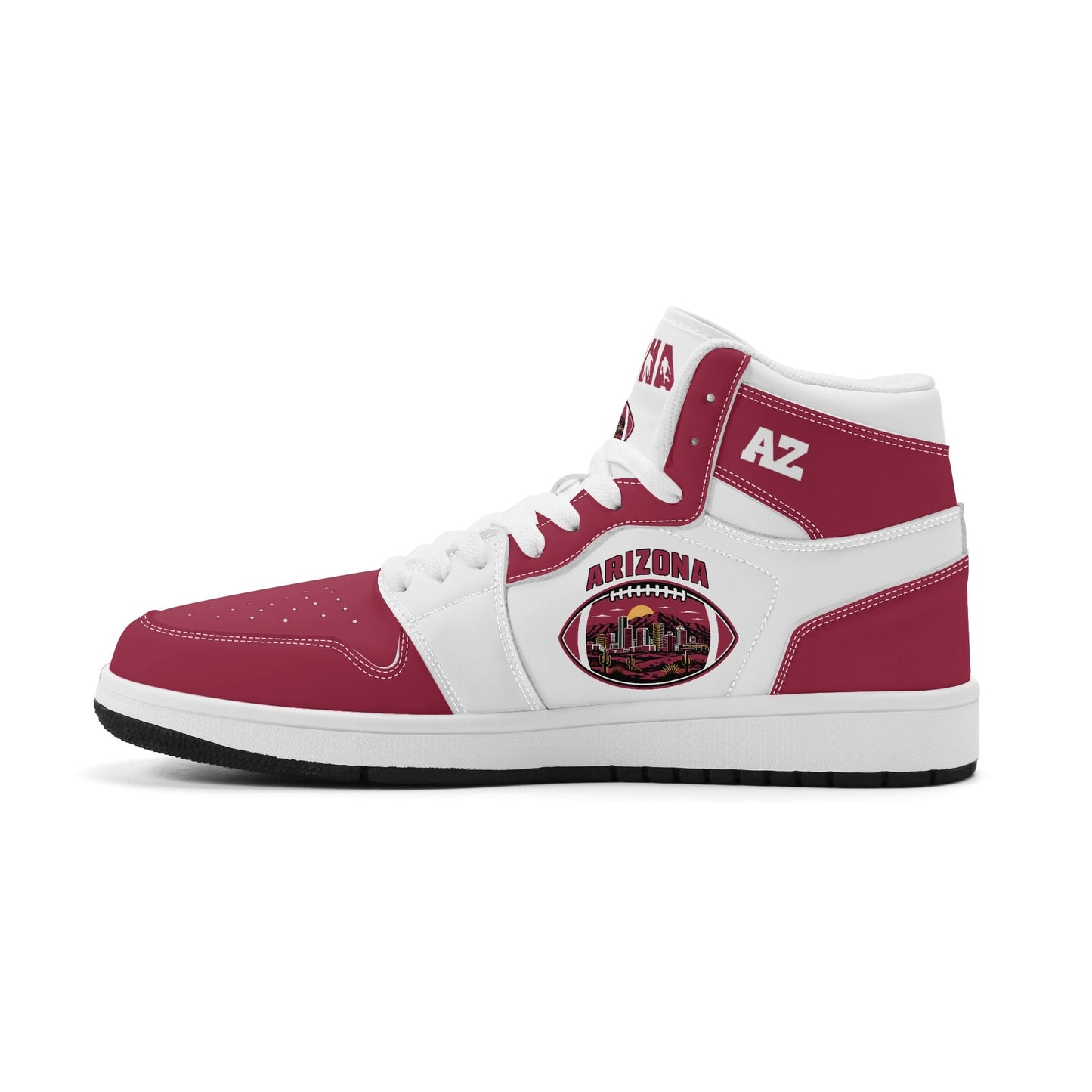 Arizona football-inspired Jamrock High top sneaker in white and cardinal red with a Phoenix skyline football badge and AZ ankle mark