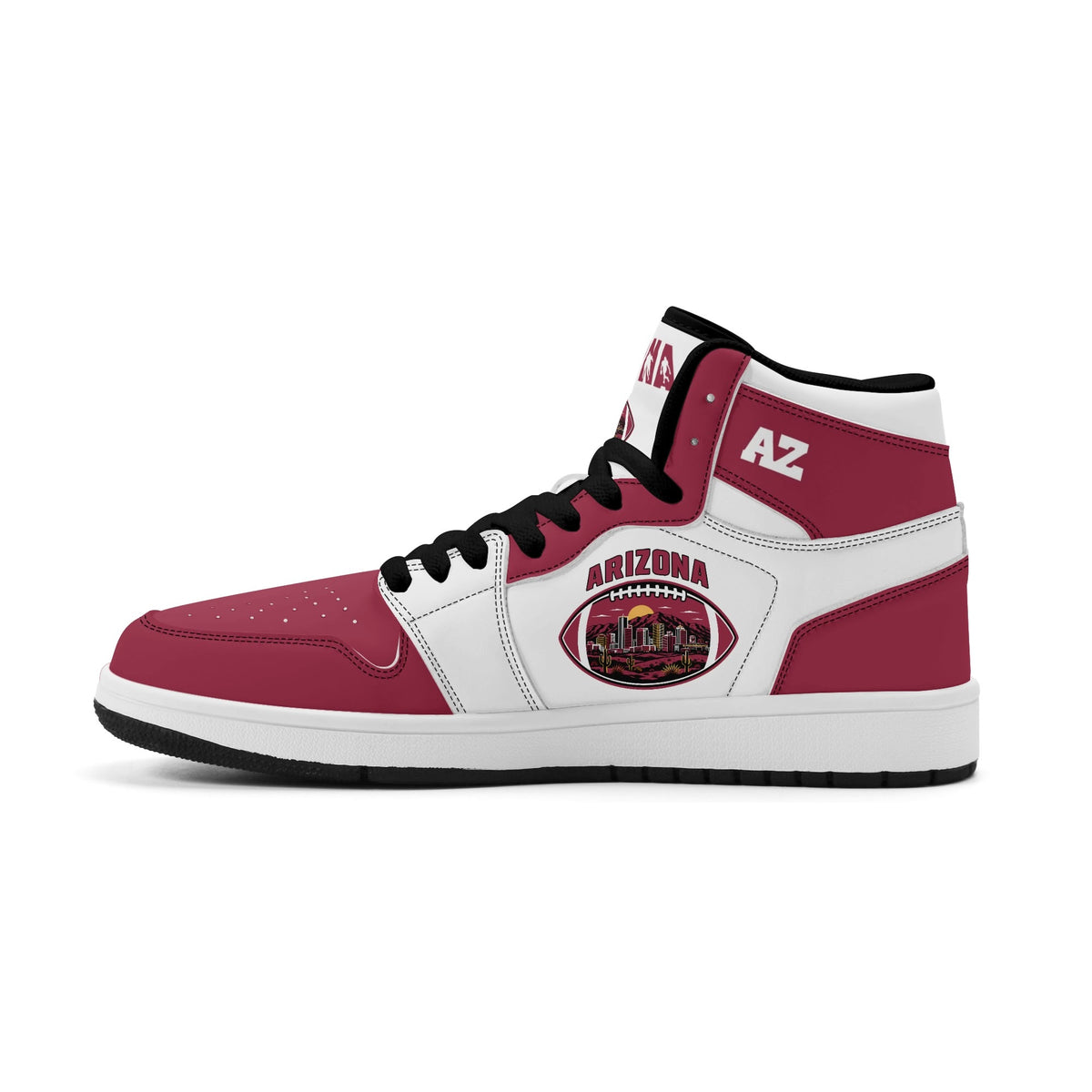 Arizona football-inspired Jamrock High top sneaker in white and cardinal red with a Phoenix skyline football badge and AZ ankle mark