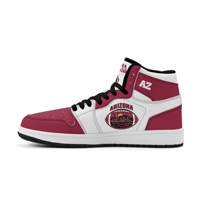Arizona football-inspired Jamrock High top sneaker in white and cardinal red with a Phoenix skyline football badge and AZ ankle mark