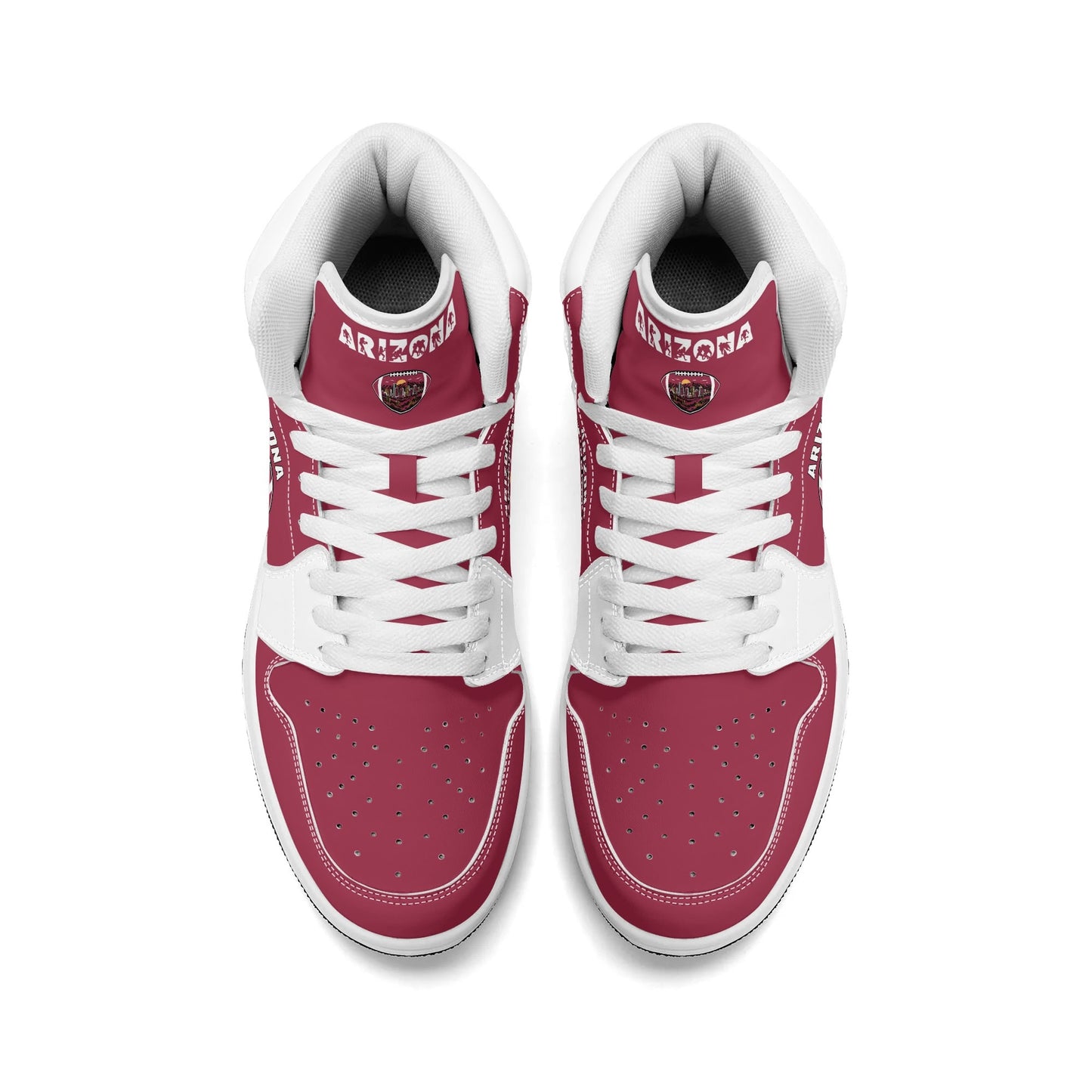 Arizona football-inspired Jamrock High top sneaker in cardinal red with a Phoenix skyline football badge and white mid panel