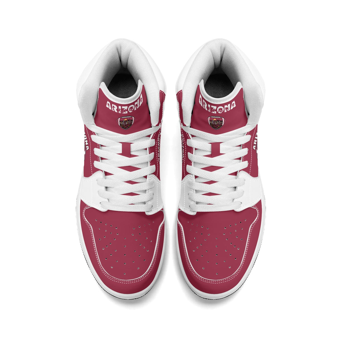 Arizona football-inspired Jamrock High top sneaker in cardinal red with a Phoenix skyline football badge and white mid panel